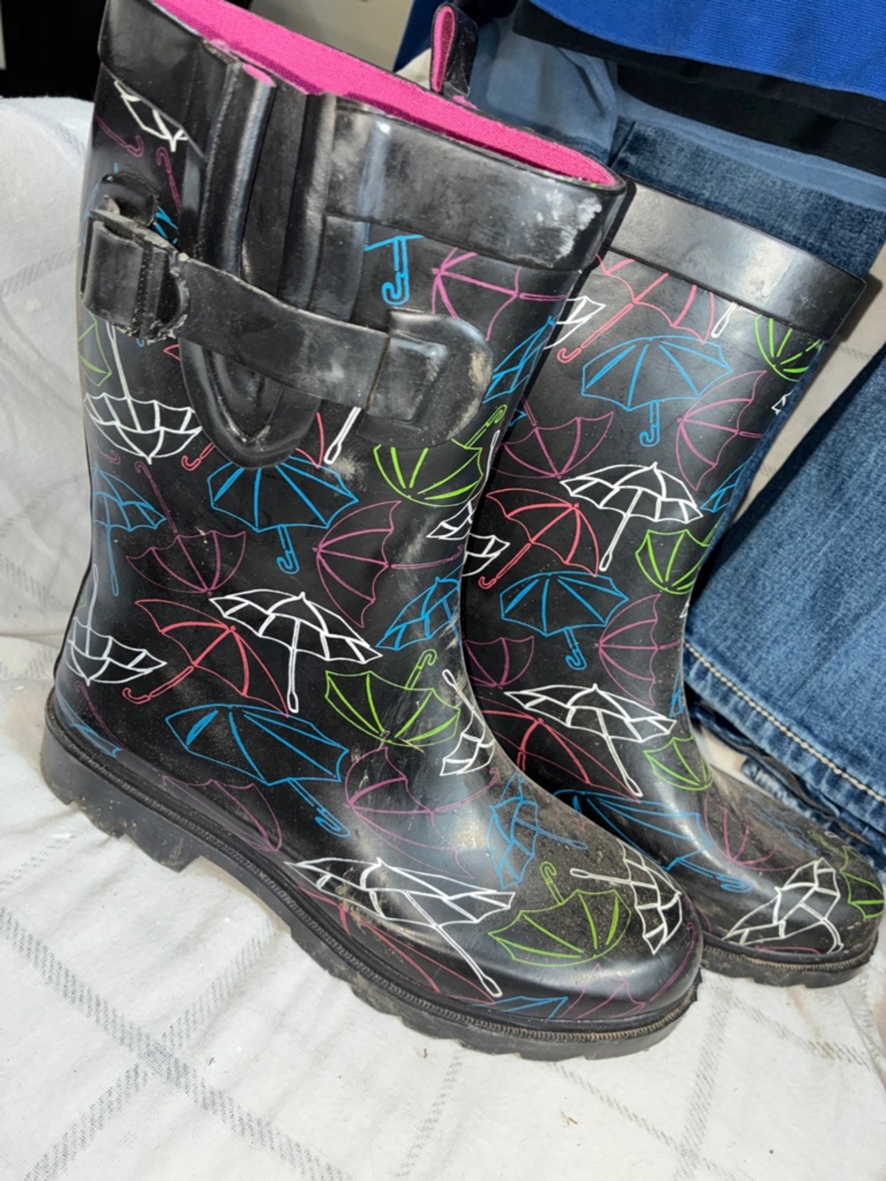 Capelli of New York Black Rain Boots with Multicolor Umbrella Print